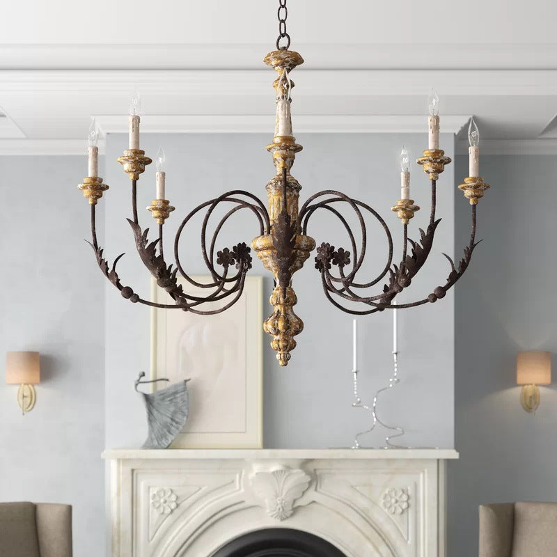 Brown-option Silva chandelier above a fireplace mantel