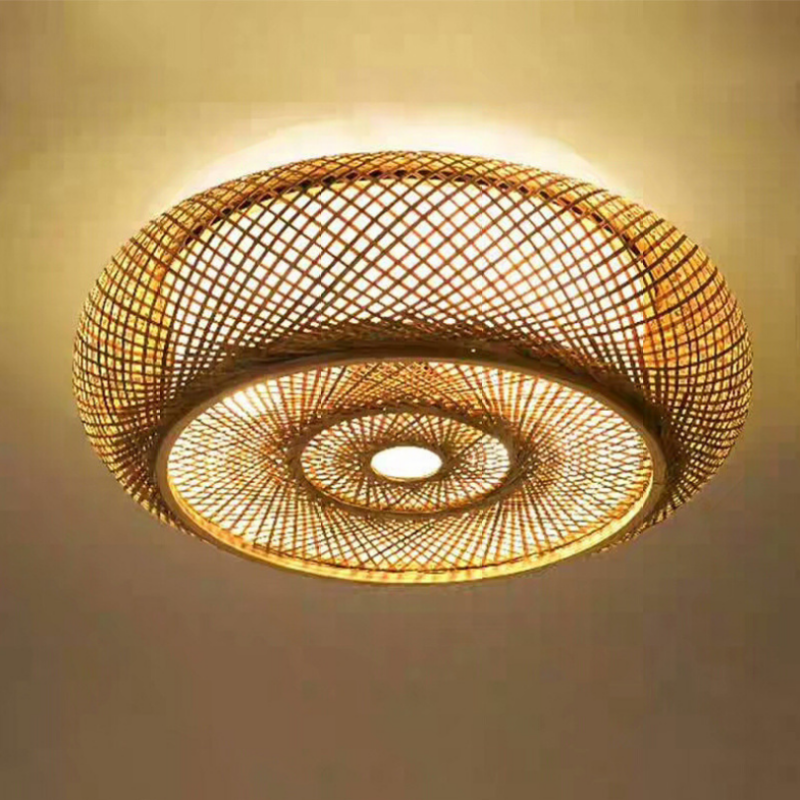 Muto Rattan Woven Rustic LED Flush Mount Ceiling Light - Cueteks