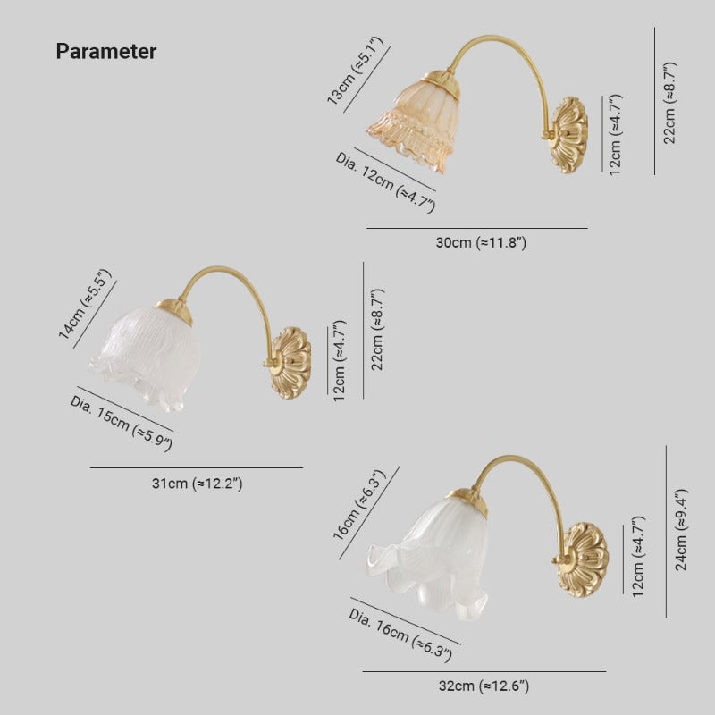 Bella dimension drawings for amber bell, pale ribbed bell and broad flower shades