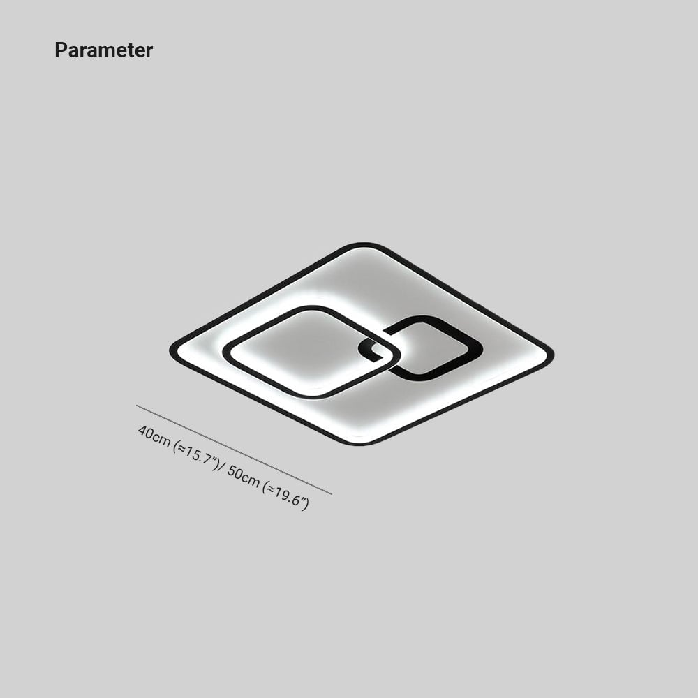 Lacey dimension image labels 40 cm and 50 cm widths for the black nested-square ceiling light.