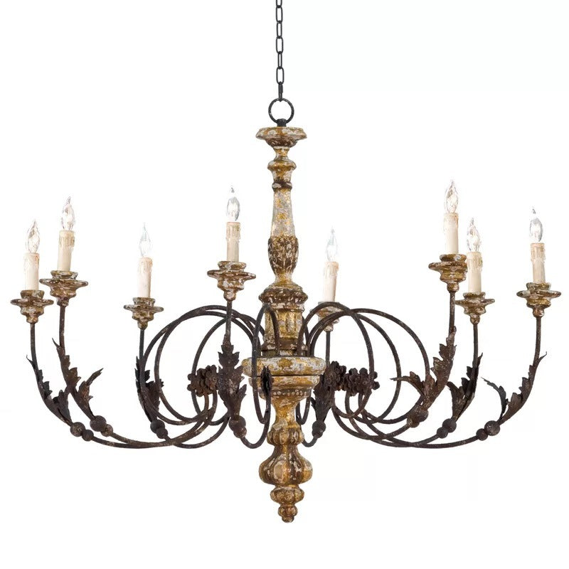 Full view of candle cups and curved arms on the Silva chandelier