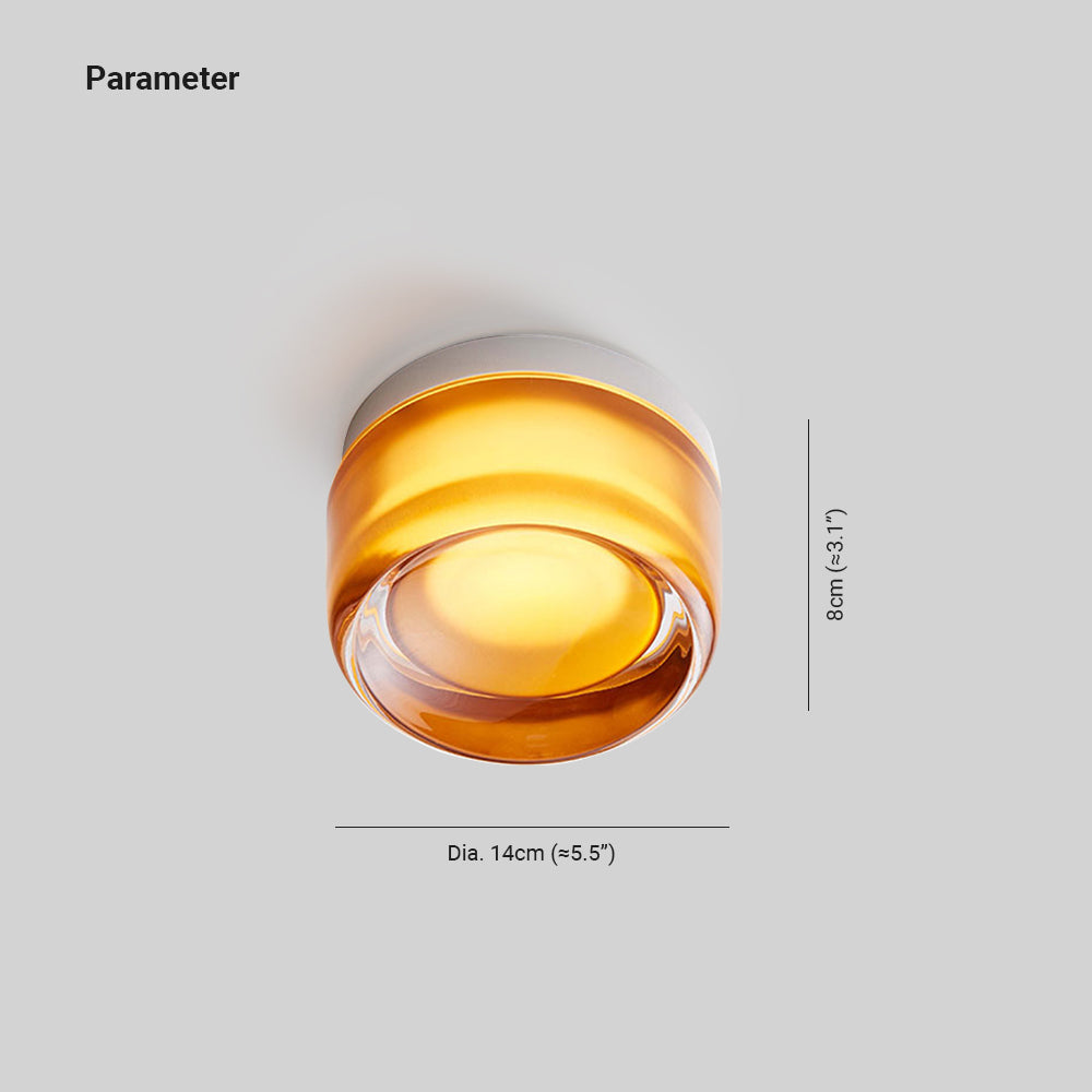 Hailie size image showing a 14 cm diameter and 8 cm depth beside the amber round fitting