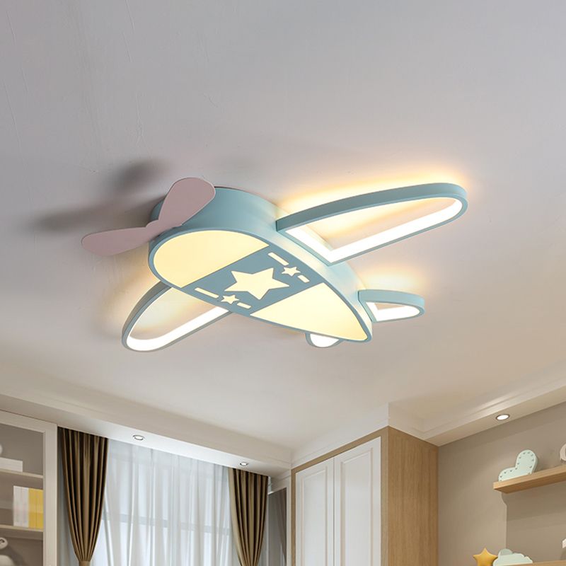 Blue Morandi airplane ceiling light with a pink decorative propeller and glowing white wing panels.