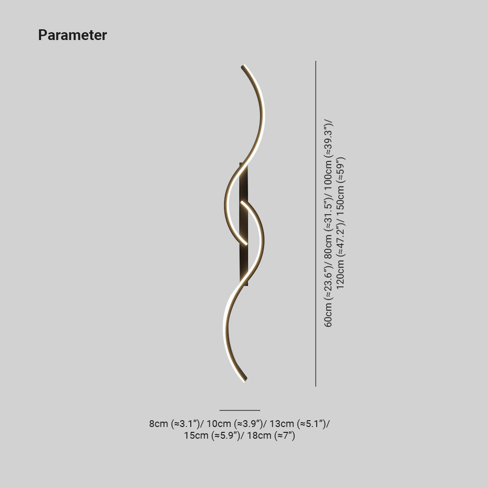 Louise wave wall light drawing listing 60–150 cm lengths and 8–18 cm widths