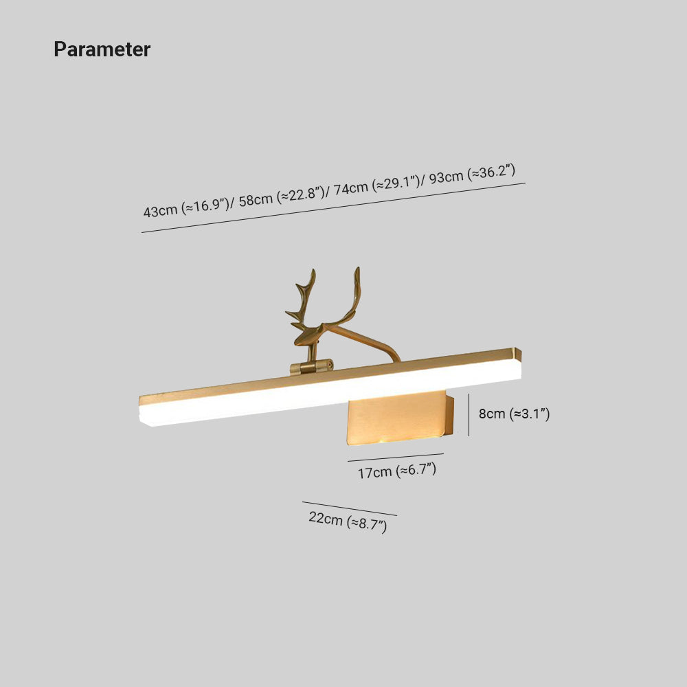 Antler wall-light guide: 43, 58, 74 or 93 cm bar widths, 17 by 8 cm plate and a separate 22 cm dimension mark