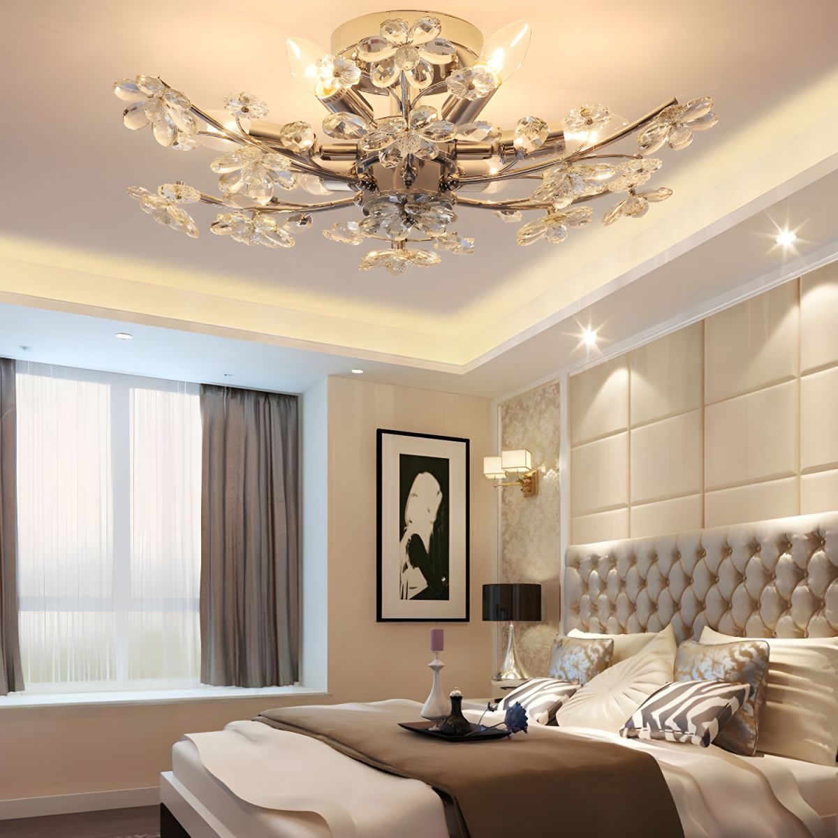 Olivia Modern Crystals Flower Flush Mount Ceiling Light Living Room, Chrome - Cueteks