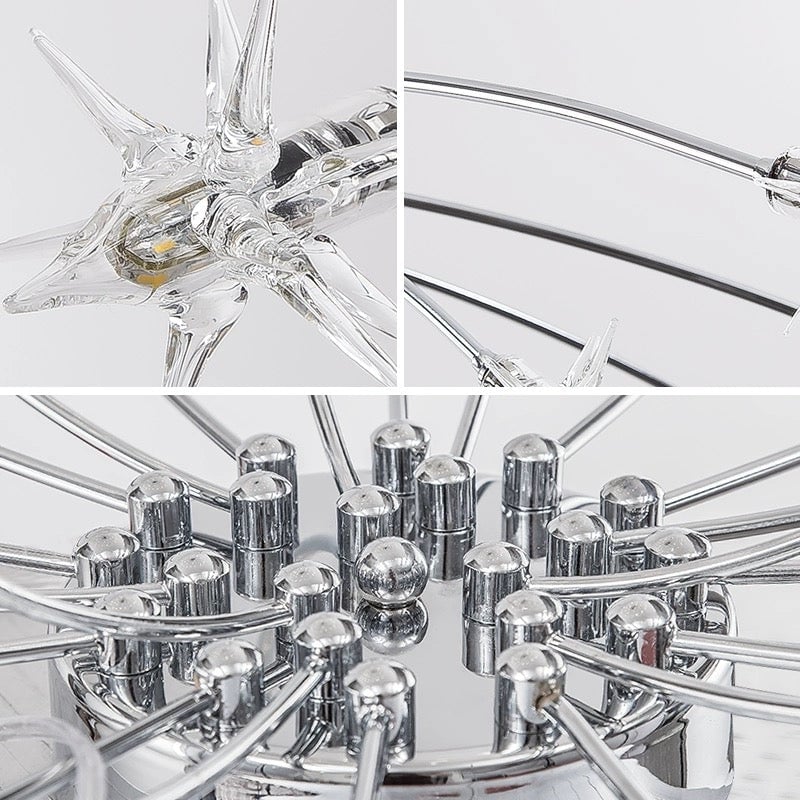 Detail collage of clear pointed glass star, small LED elements, chrome-tone curved arms and round canopy connectors