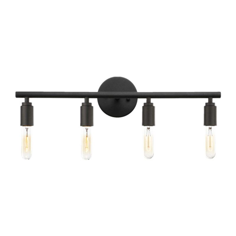 Front view of Alessio four-light Black wall light with round plate and exposed tubular bulbs