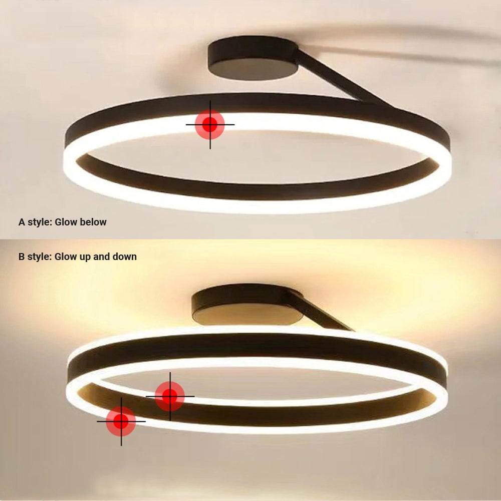 Comparison graphic showing lower-only glow and upper-and-lower glow on black ceiling rings
