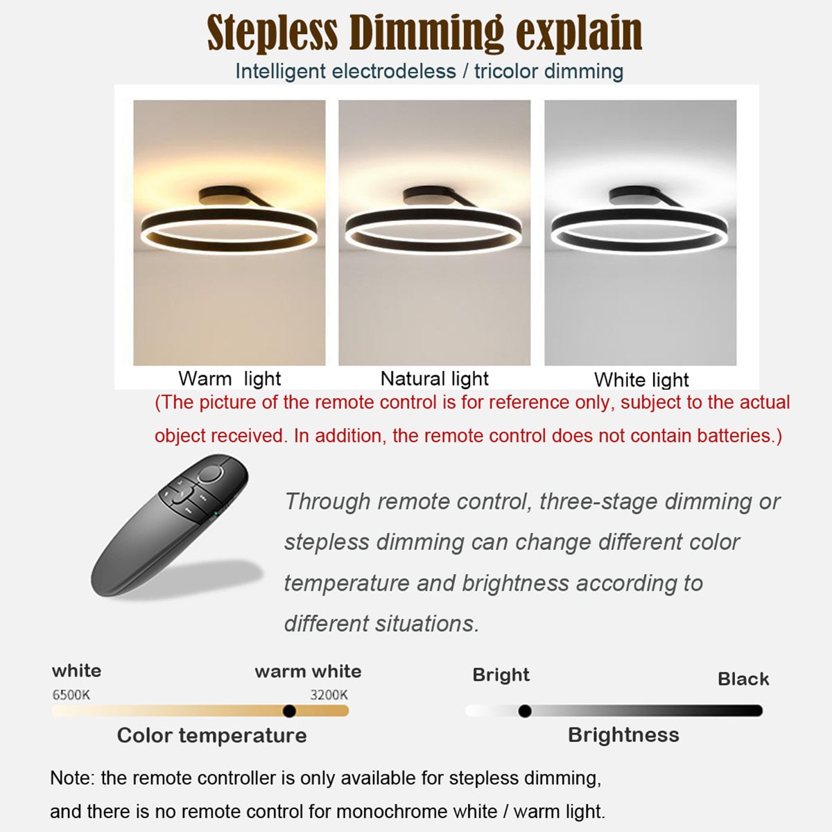 Lighting-control graphic with warm, natural and white examples, illustrative remote and color-temperature scale