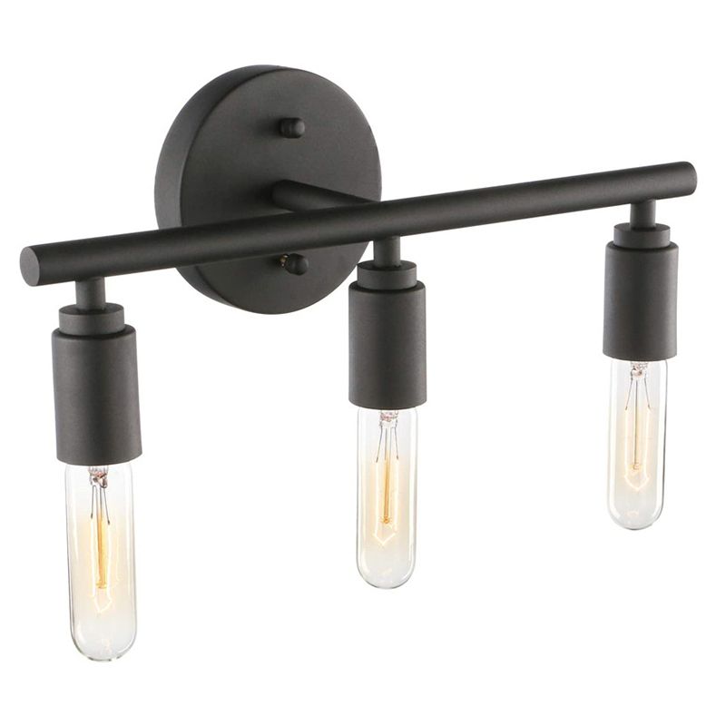 Alessio three-light Black wall light in oblique view with round plate and three exposed tubular bulbs