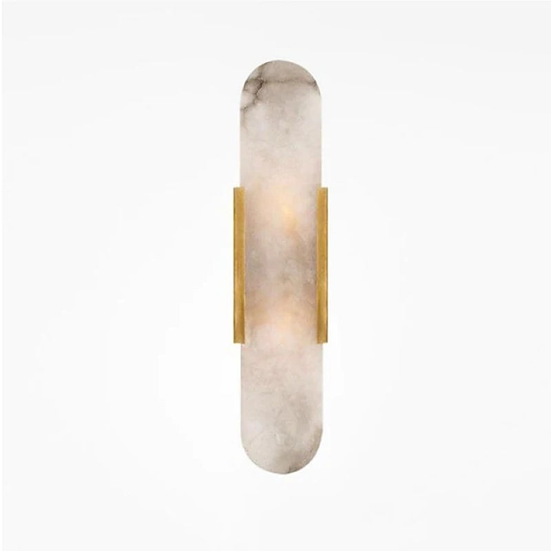 Chan wall sconce with gold side bars and a pale veined capsule-shaped shade