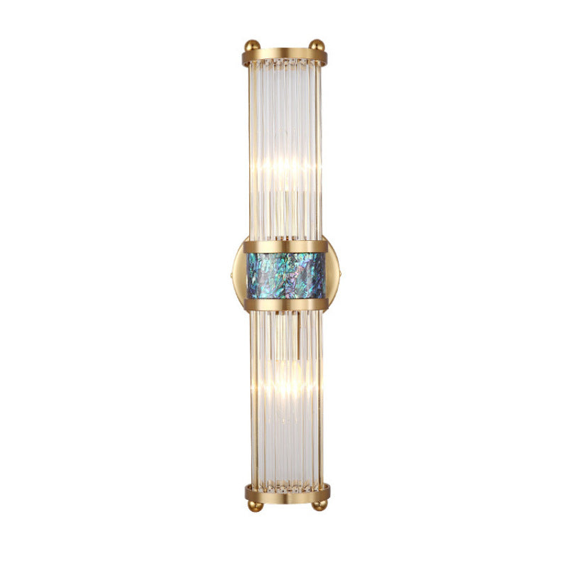 Front view of a tall clear-rod wall light with gold-tone fittings and a blue-green central band on white