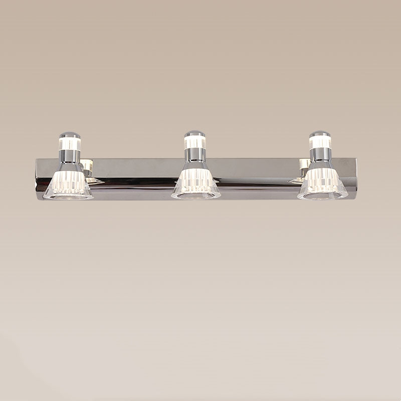 Front view of Kristy three-head silver wall fitting with clear upper bands and faceted cones