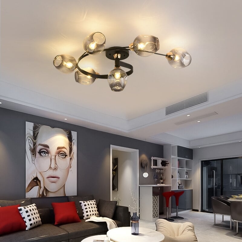 Valentina Flush Mount Ceiling Light, Glass, Black/Gold, Dining Room - Cueteks