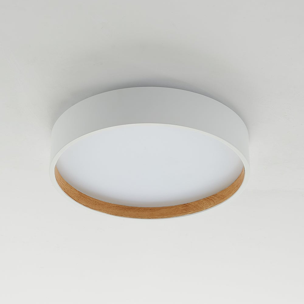 Close-up of white Quinn ceiling drum with pale circular diffuser and grain-like light wood-tone inner rim