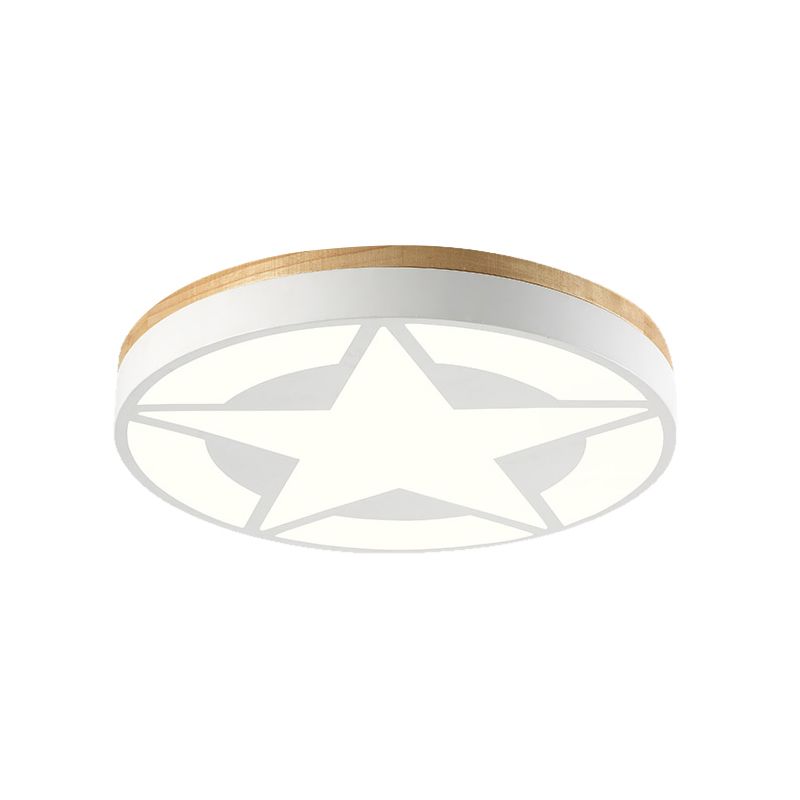 White Quinn round star-pattern ceiling fixture on white, showing the upper wood-tone trim