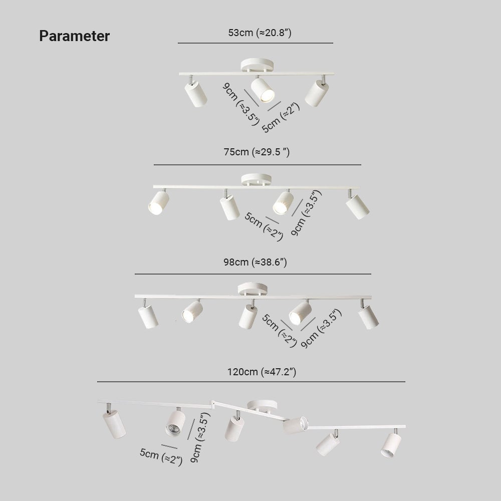 Freja spotlight dimension chart for 3, 4, 5 and 6 lights