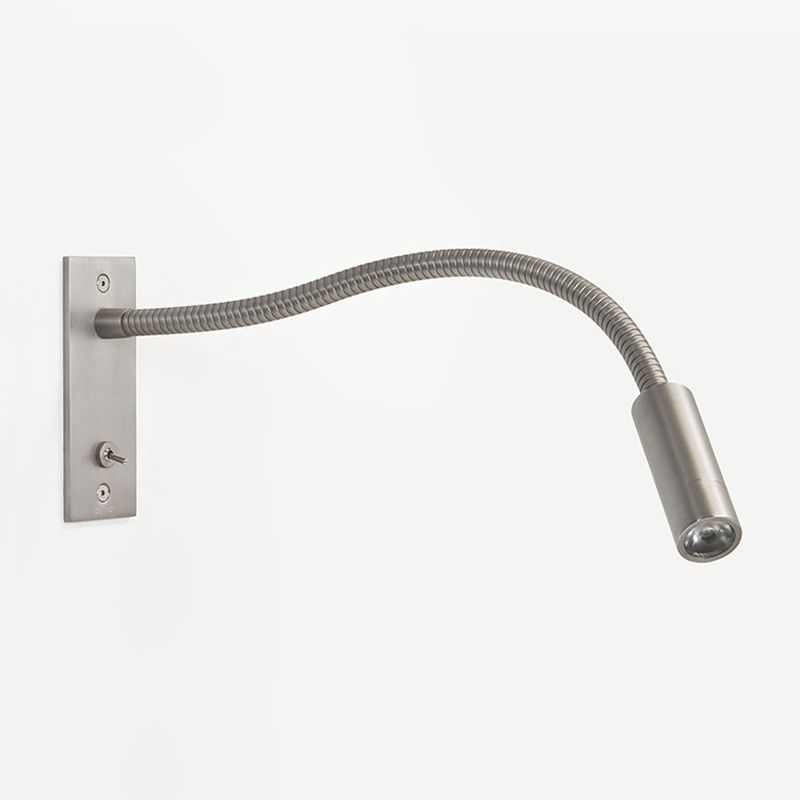 Nickel Orr wall lamp with a flexible neck, cylindrical head and rectangular switched backplate.
