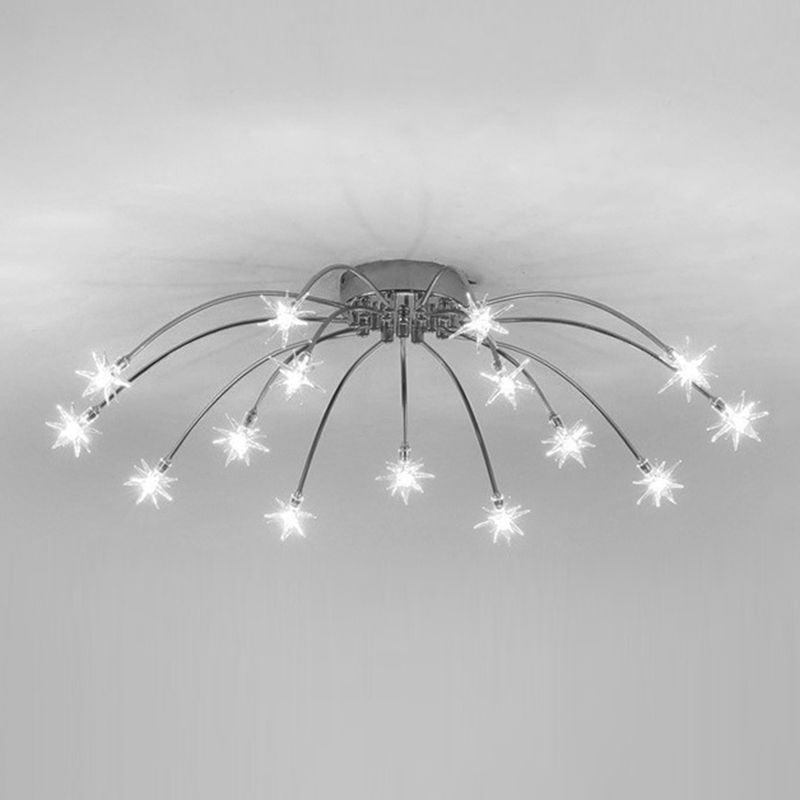 Monochrome 15-light Black reference with downward-arched radial arms and lit glass stars around round canopy