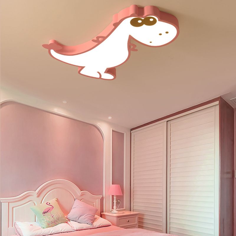 Pink Freja dinosaur ceiling light in a pink bedroom.