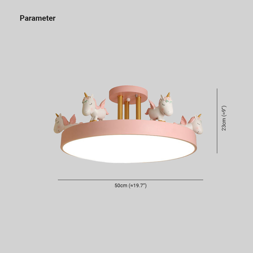 Quinn pink unicorn ceiling-light dimension diagram showing 50 cm diameter and 23 cm height