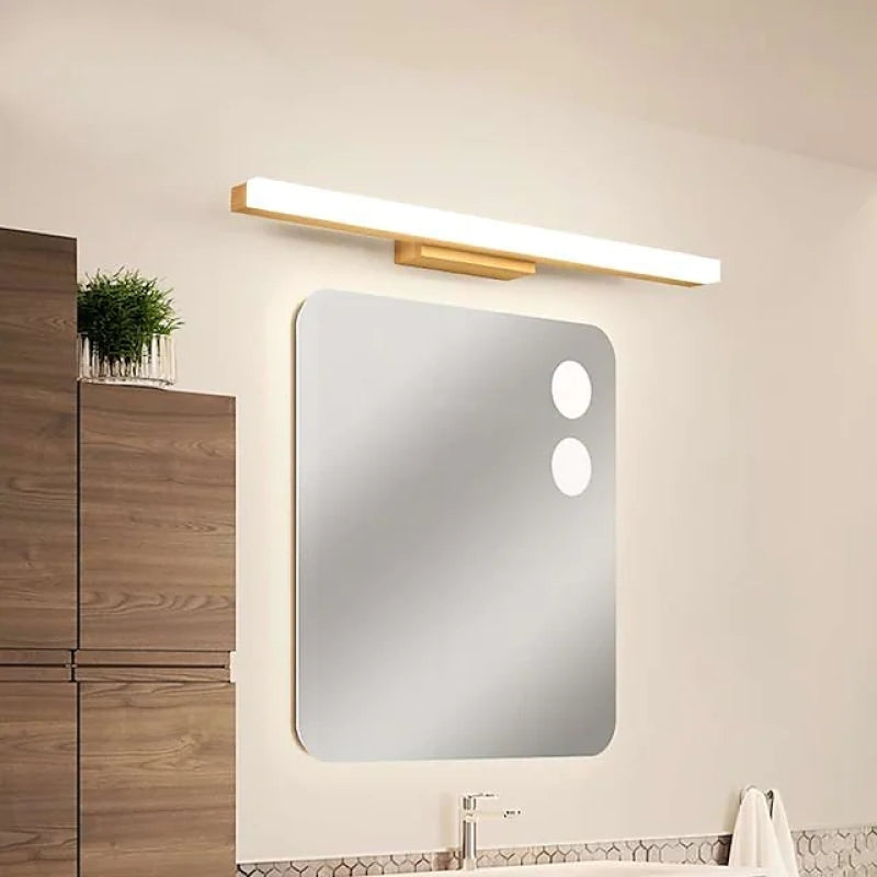 Wooden linear light above a mirror with circular accents