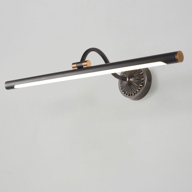 Black linear light bar, curved support and decorative circular plate