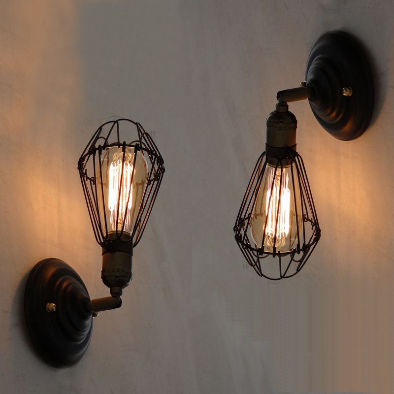 Alessio Industrial Lantern Shaped Metal Wall Lamp, Black/Rust - Cueteks
