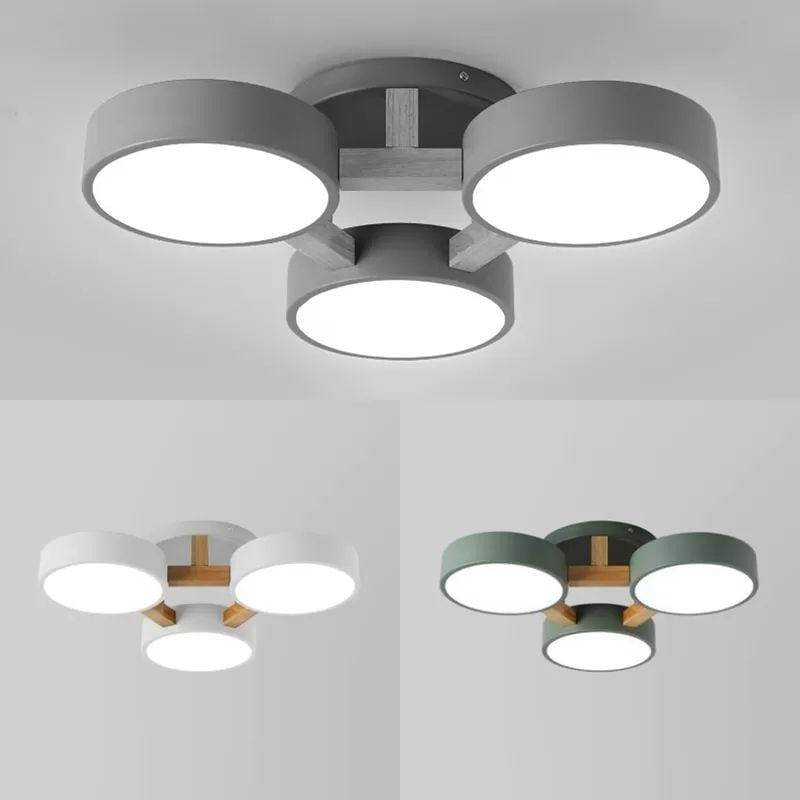 Collage of Gray, White and Green Minori three-disc ceiling light appearances.