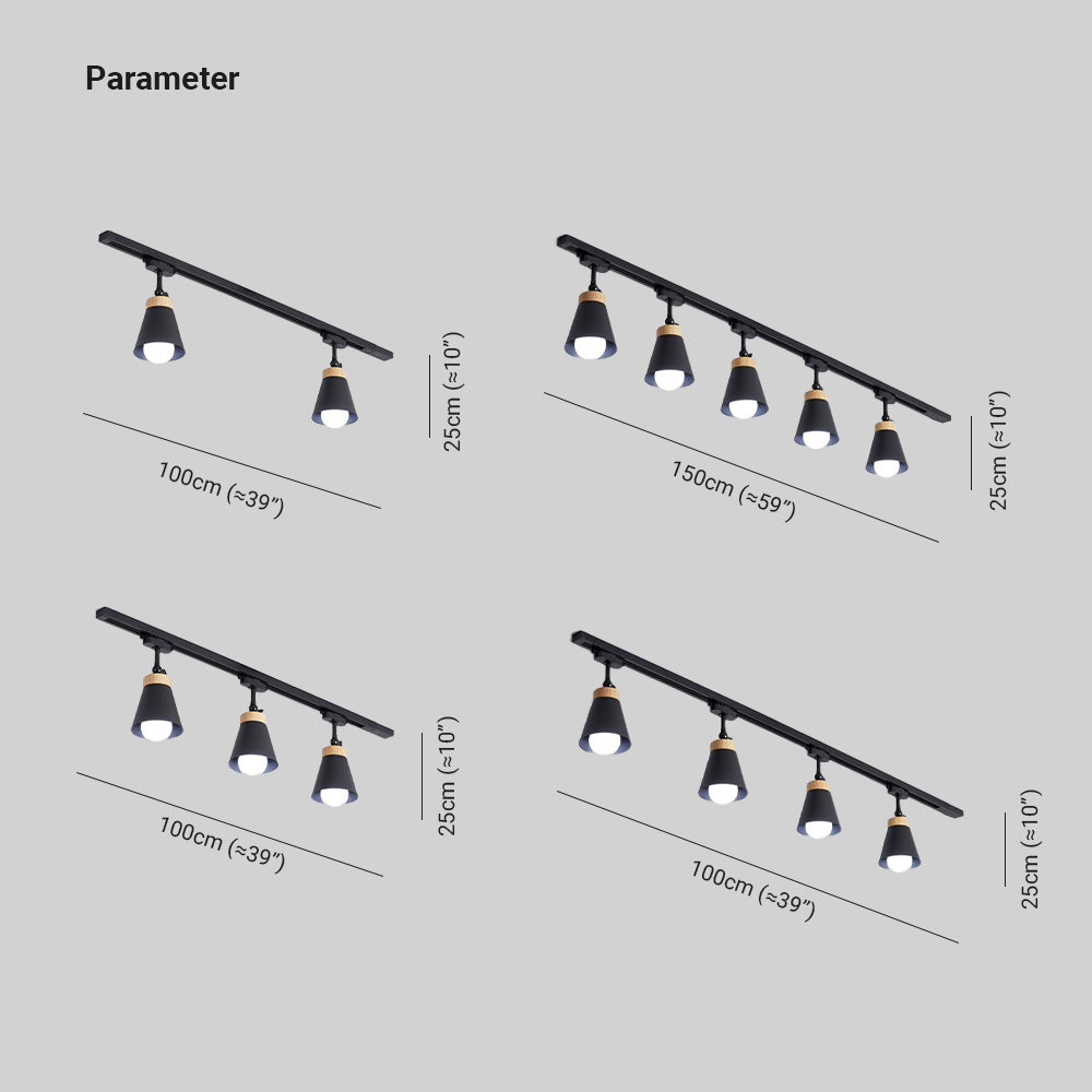 Haney drawing: 2, 3 and 4 lights on 100 cm rails; 5 lights on a 150 cm rail; all shown 25 cm high with heads pointing down