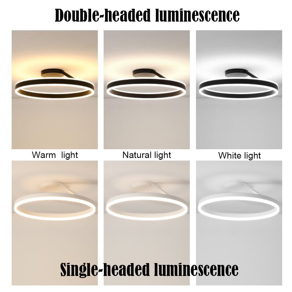Six-panel comparison of black and white ceiling rings under warm, natural and white light appearances