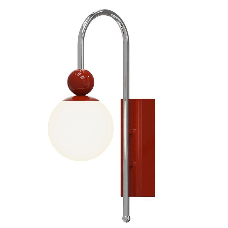Red globe wall light with long bent rod and rectangular plate
