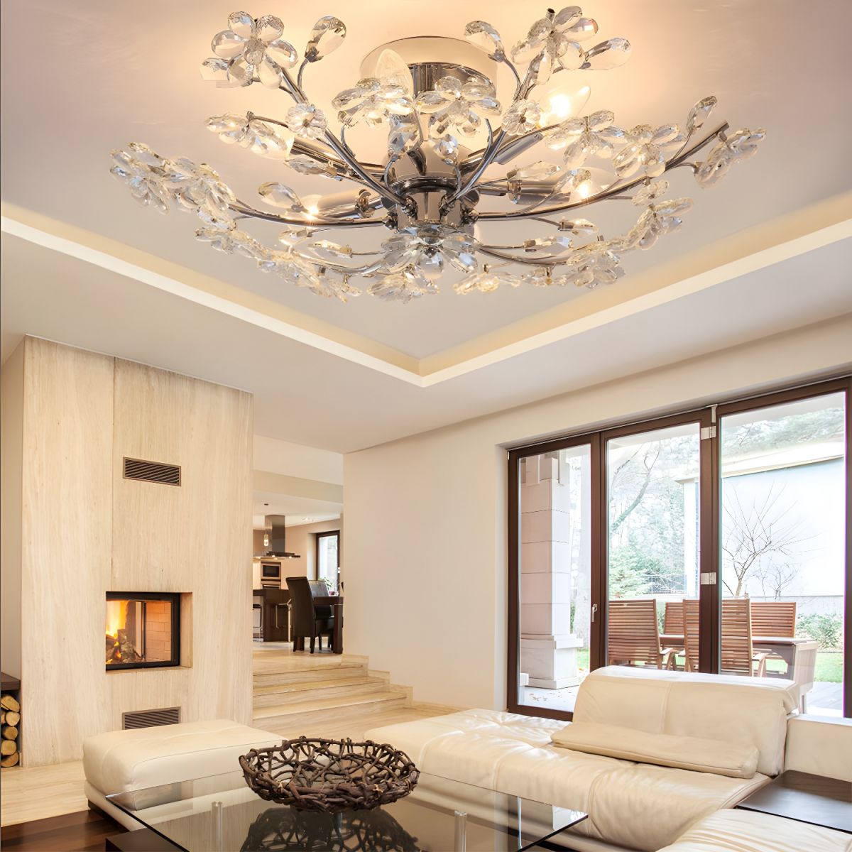 Olivia Modern Crystals Flower Flush Mount Ceiling Light Living Room, Chrome - Cueteks