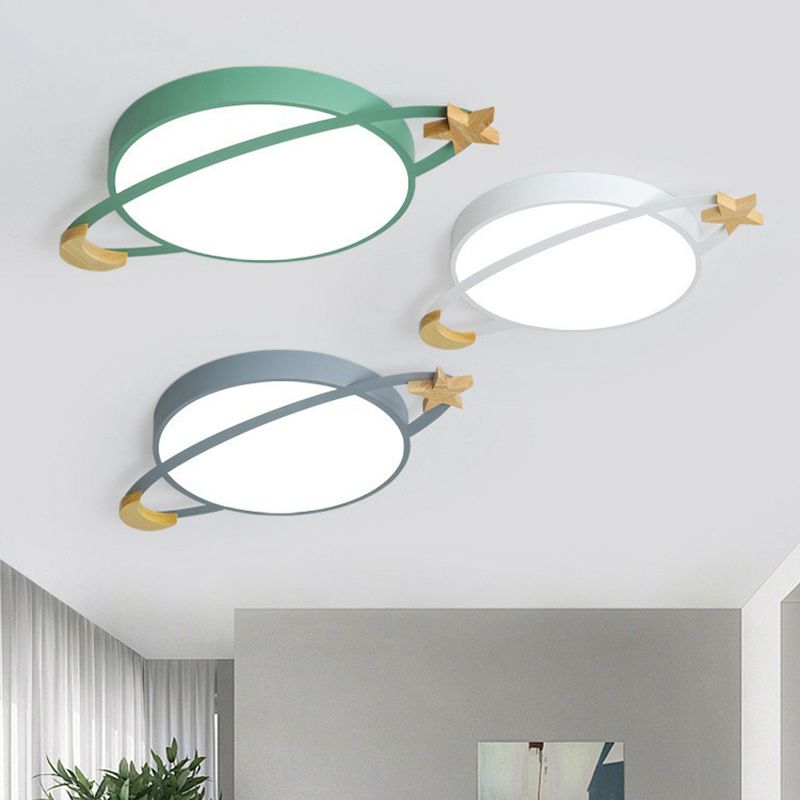 Green, white and grey Morandi planet ceiling lights shown together.