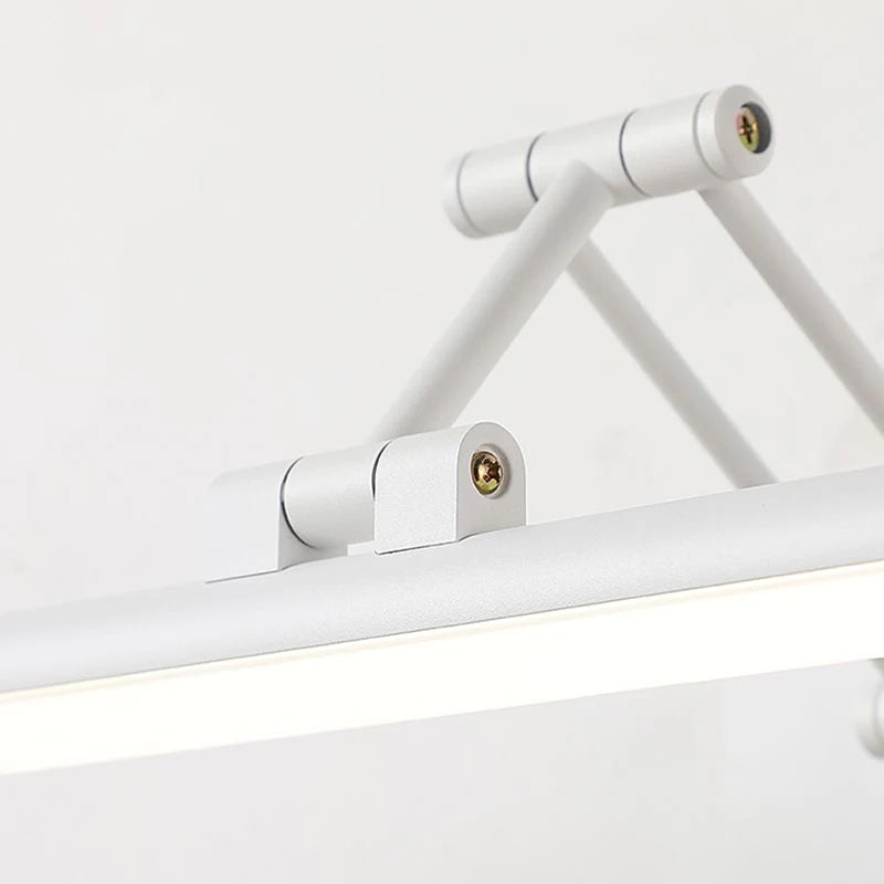 Close white Edge arm and bar hinges with visible screw heads and bright lower diffuser strip