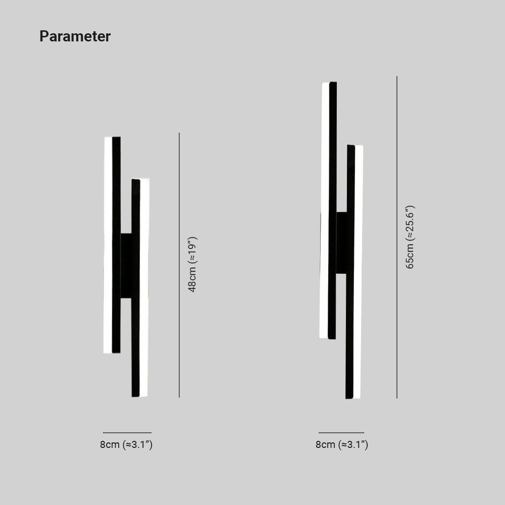 Alana wall-light diagram showing overall heights of 48 or 65 cm and 8 cm width for both
