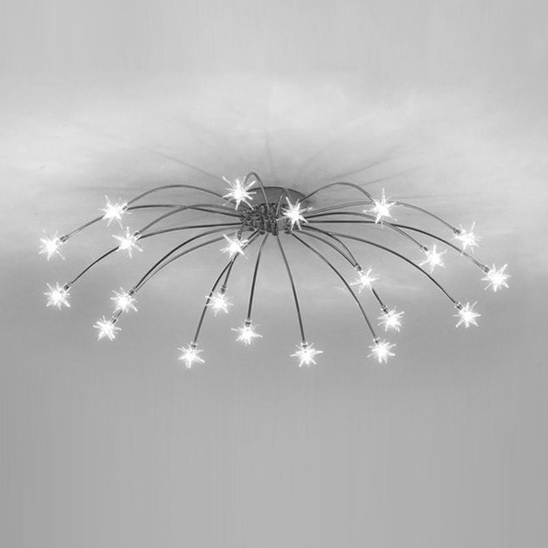Monochrome 21-light Black reference with wide radial curved arms, lit star heads and faint ceiling shadows