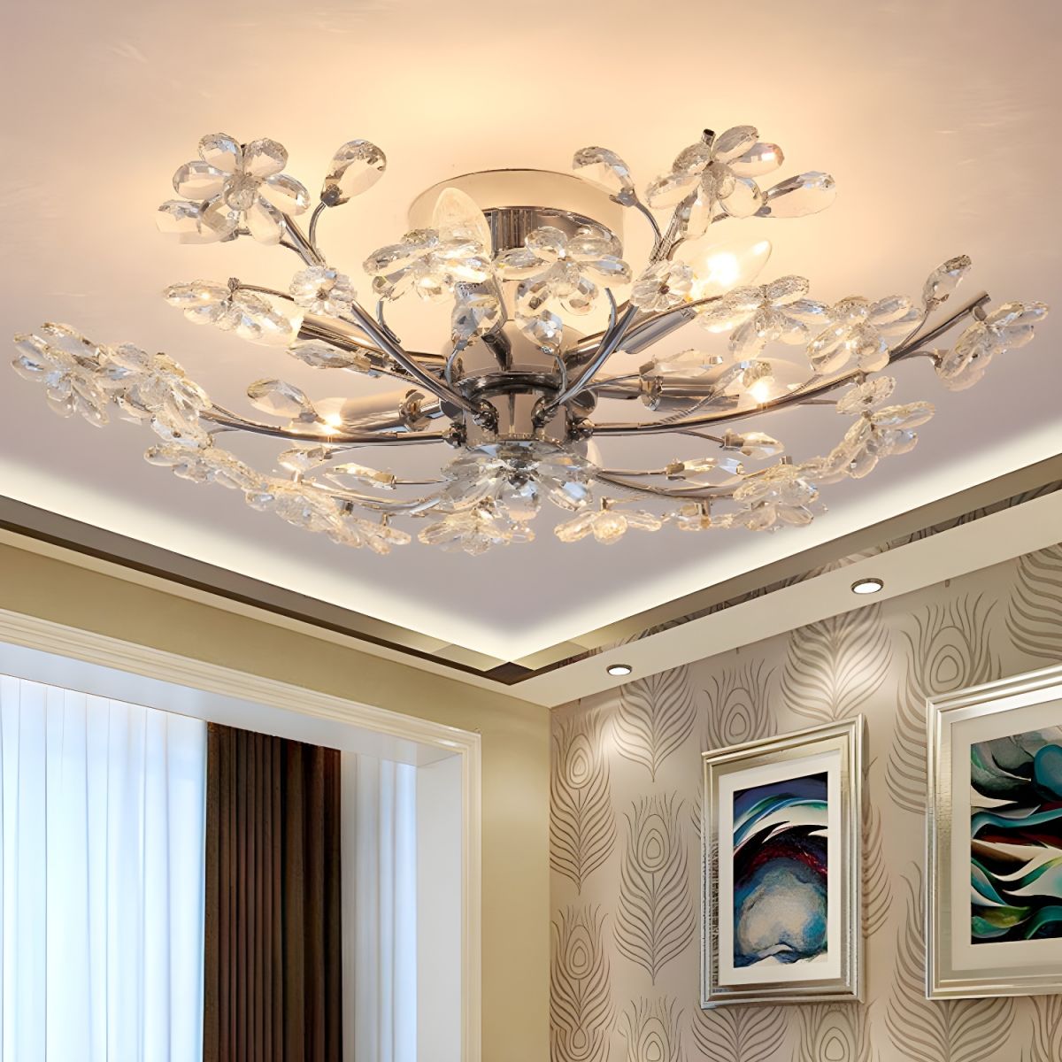 Olivia Modern Crystals Flower Flush Mount Ceiling Light Living Room, Chrome - Cueteks
