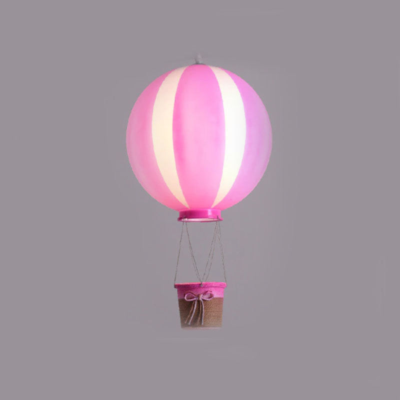 Pink and pale striped E-type balloon pendant light with a pink-rimmed hanging basket and bow