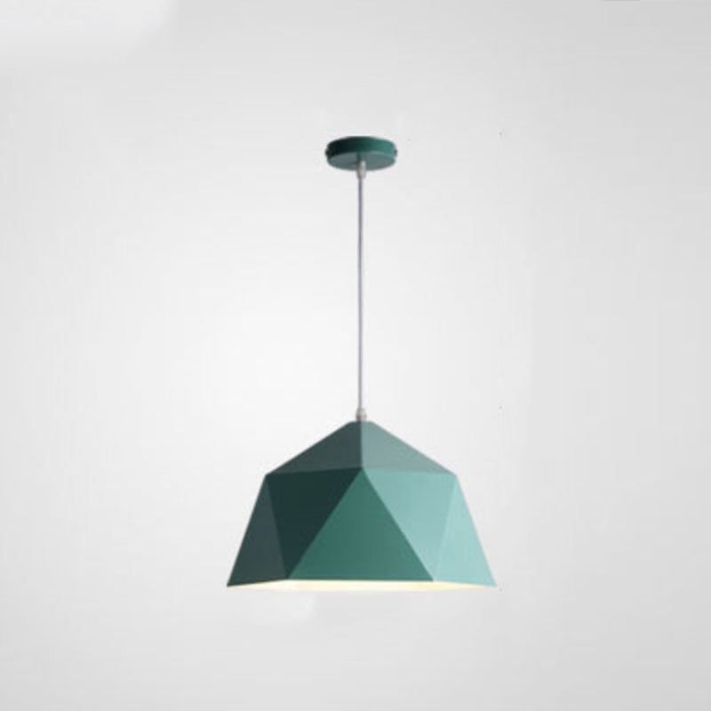 Green geometric metal pendant with triangular faces, pale cord and matching round canopy
