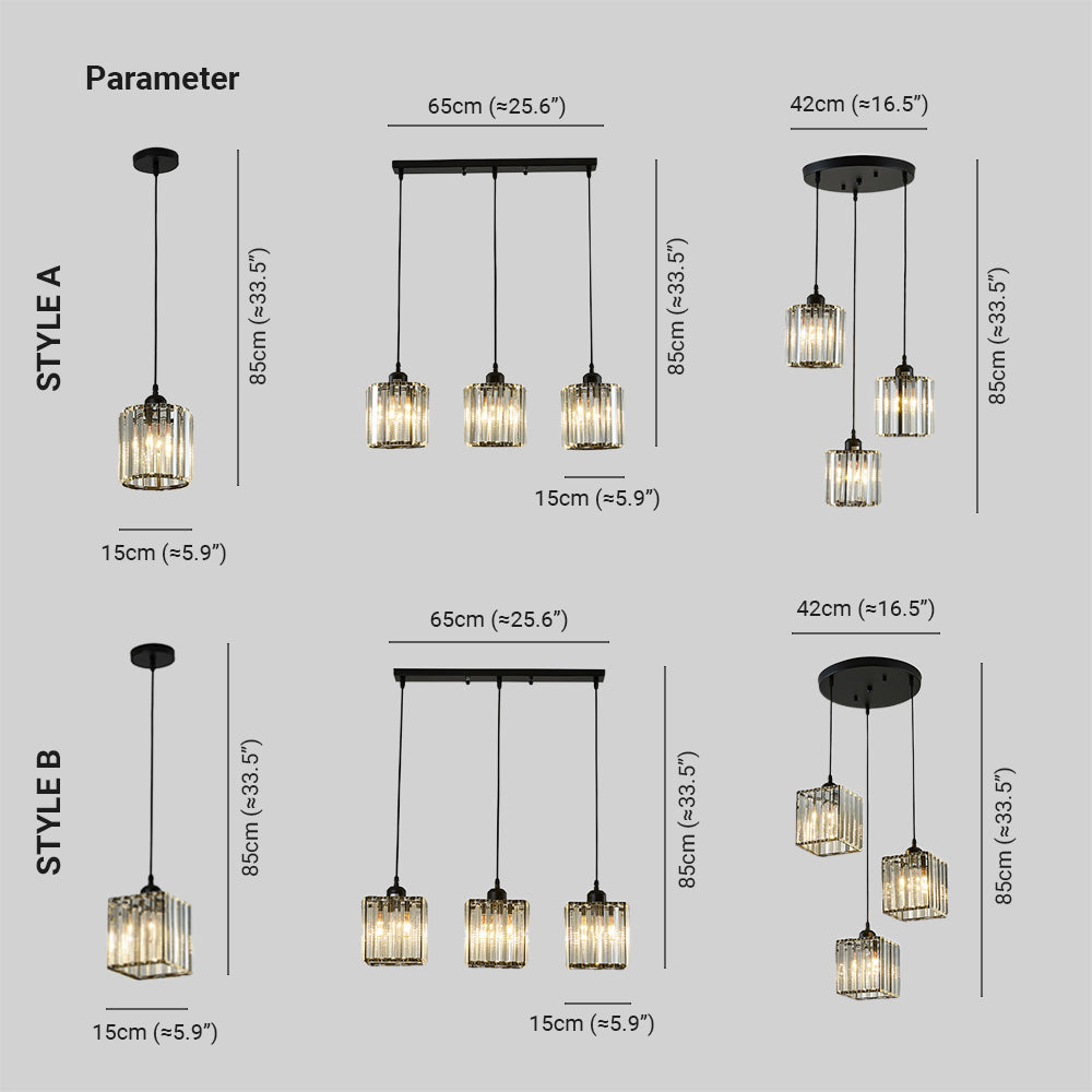 Herbert diagram: round and square shades in single and three-head layouts, with 15 cm shade width, 85 cm height and 65 or 42 cm canopies