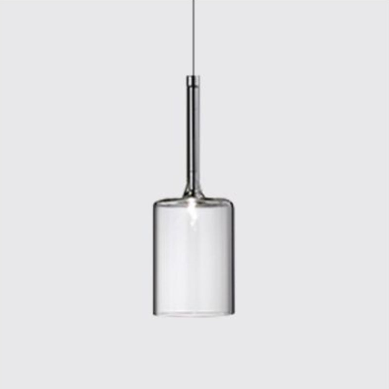 Clear glass pendant with a medium cylindrical shade and a long transparent neck
