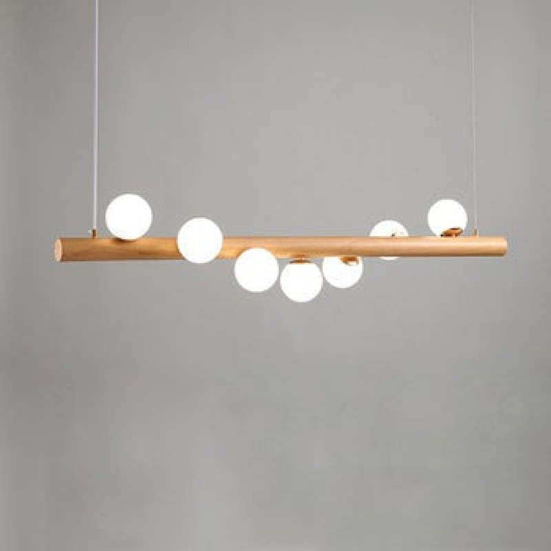 Light wood linear pendant with seven bright White glass globes above and below the bar on a Gray background