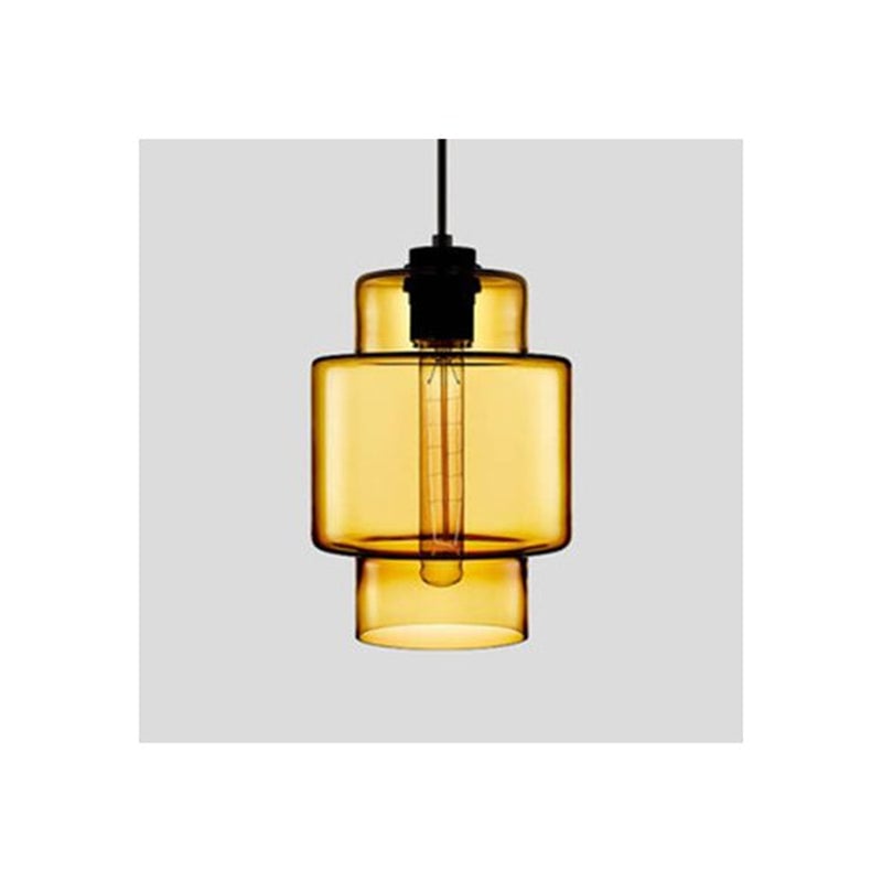 Yellow stepped cylindrical glass pendant with black holder and suspension cord