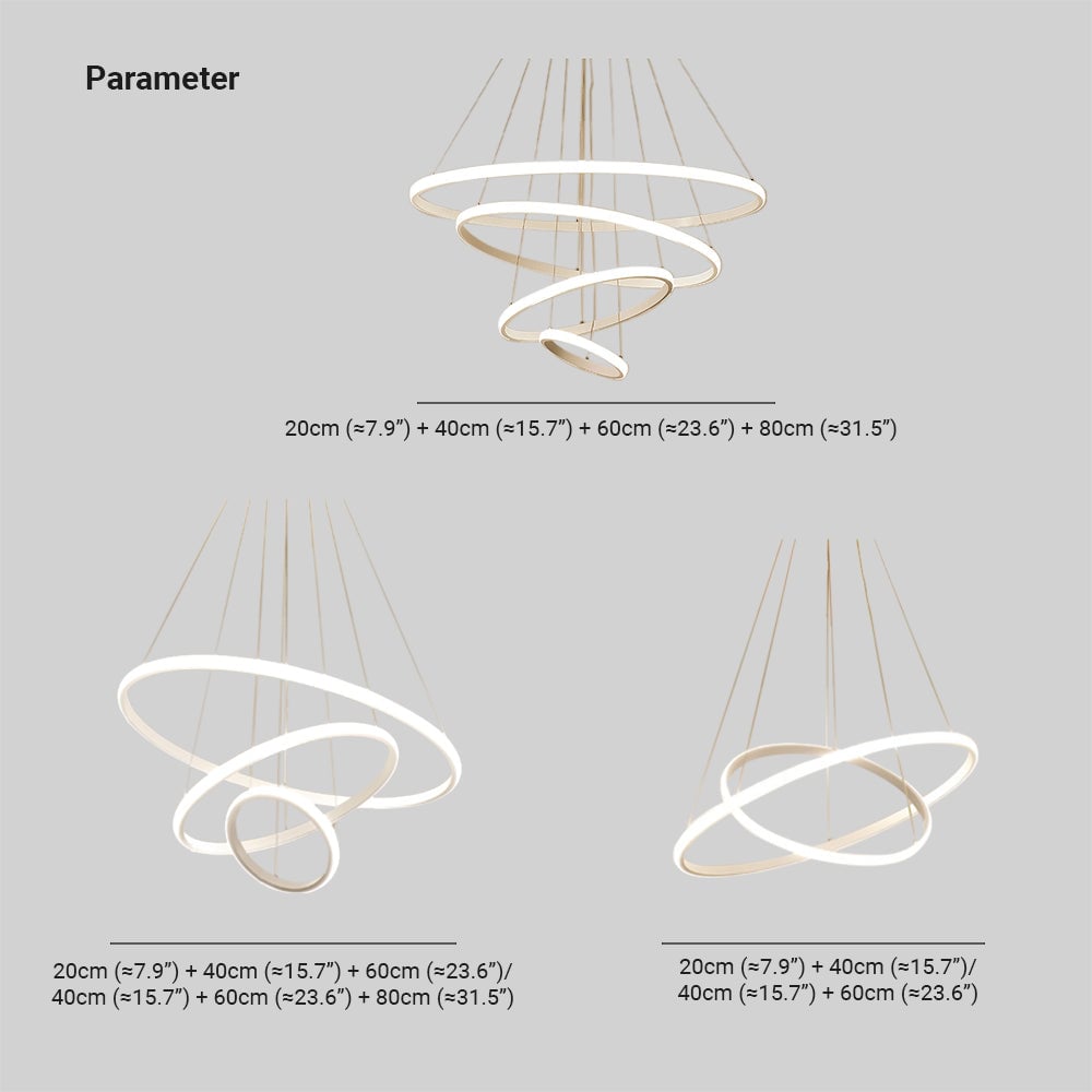 Diameter diagram: two rings 20+40 or 40+60 cm; three 20+40+60 or 40+60+80 cm; four 20+40+60+80 cm
