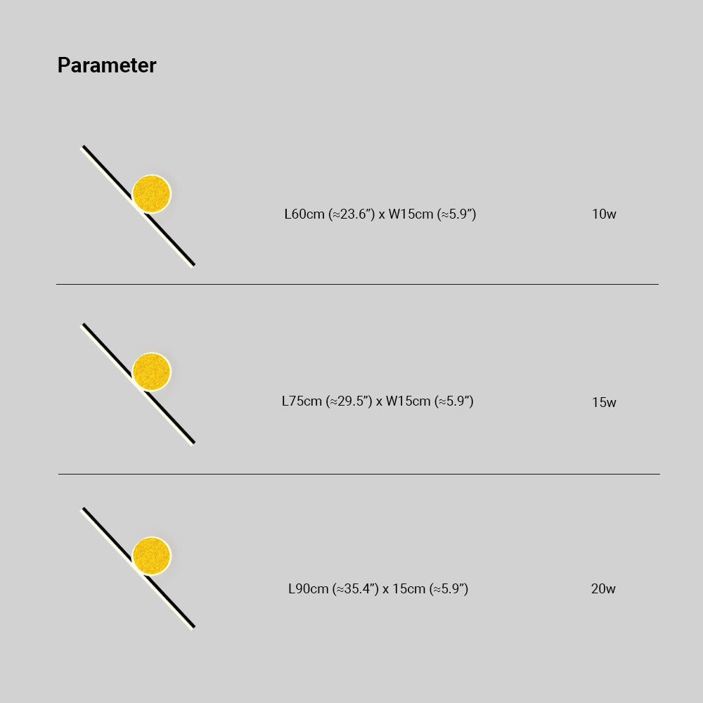 Emyr chart showing 60, 75 and 90 cm lengths, 15 cm width and respective 10, 15 and 20 W values