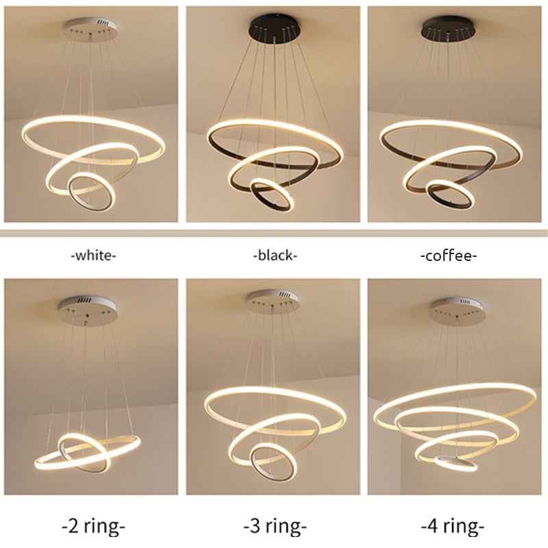 Finish comparison labelled White, Black and Coffee, with separate two-, three- and four-ring pendant examples