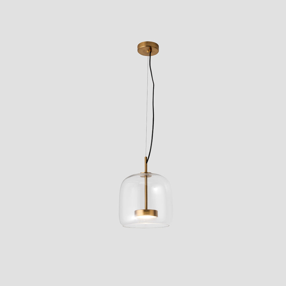 Compact clear Hailie glass pendant with gold-tone inner fitting and round ceiling canopy, cable and separate wire