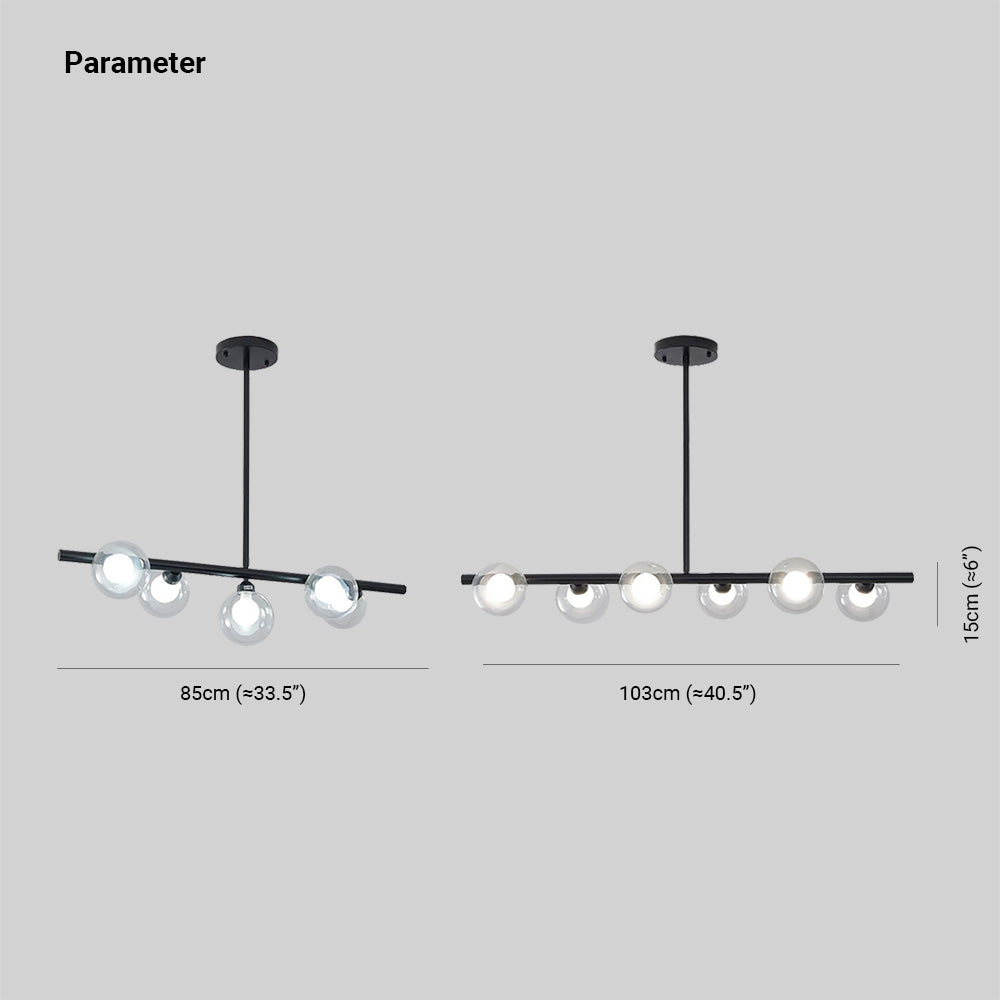 Pendant drawing labelled 85 and 103 cm bar widths, with a 15 cm vertical mark beside a glass globe